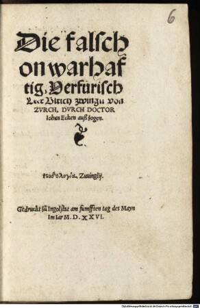 Die falsch ... Lehr Ulr. Zwingli