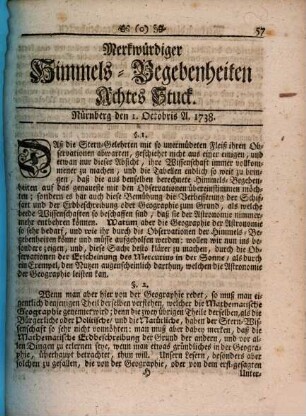 Merkwürdiger Himmels-Begebenheiten Stück .... 1738,8 (Okt.)