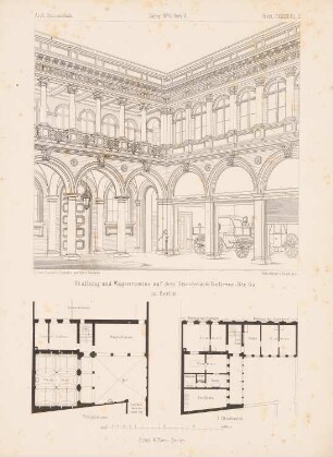 Stallung und Wagenremise, Berlin: Grundrisse, Perspektivische Ansicht (aus: Architektonisches Skizzenbuch, H. 128/5, 1874)