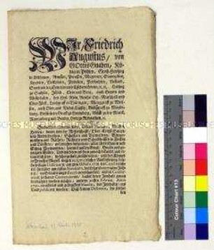Mandat von August II. König von Polen betreffend die Vereinbarungen mit Friedrich Wilhelm I. König in Preußen über den gegenseitigen Austausch von Deserteuren