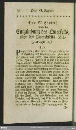 Das VI. Capitel. Von der Entzündung des Querfells, oder des Zwerchfells (diaphragma)