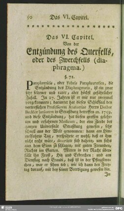 Das VI. Capitel. Von der Entzündung des Querfells, oder des Zwerchfells (diaphragma)
