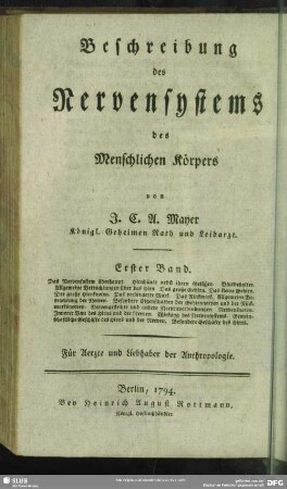 6: Das Nervensystem überhaupt, Hirnhäute nebst ihren Gefäßen, Blutbehalter. Allgemeine Betrachtungen über das Hirn. Das große Gehirn. Das kleine Gehirn. Der große Hirnknoten. Das verlängerte Mark. Das Rückmark. Allgemeine Betrachtung der Nerven. Besondere Eigenschaften der Gehirnnerven und der Rückmarksnerven. Nervengeflechte und andere Nervenverbindungen. Nervenknoten. Innerer Bau des Hirns und der Nerven. Wirkung des Nervensystems. Gemeinschaftliche Geschäfte des Hirns und der Nerven. Besondere Geschäfte des Hirns