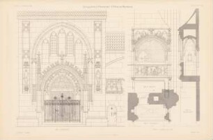 St. Peter, Nürnberg: Ansichten Brauttor, Erker im Chor, Querschnitt, Grundriss (aus: Atlas zur Zeitschrift für Bauwesen, hrsg. v. Ministerium der öffentlichen Arbeiten, Jg. 52, 1902)