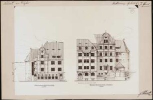 Mehrfamilienwohnhaus am Burgtor, Lübeck. Mit Bierlokal, Biergarten, Kegelbahn etc.: (verkleinert von Inv.Nr. 43272) Aufriss Ansicht der beiden Schmalseiten 1:100