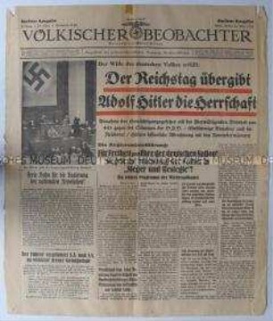 Titelblatt der Nationalsozialistischen Tageszeitung "Völkischer Beobachter" zur Annahme des Ermächtigungsgesetzes