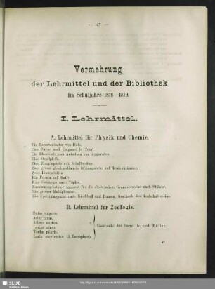 Vermehrung der Lehrmittel und der Bibliothek