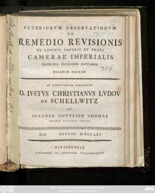 Vlteriorvm Observationvm De Remedio Revisionis Ex Legibvs Imperii Et Praxi Camerae Imperialis Praeprimis Recentiori Havstarvm Decadem Primam
