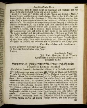 Antwort E. E. Predig-Amts Löbl. Stadt Schaffhausen.