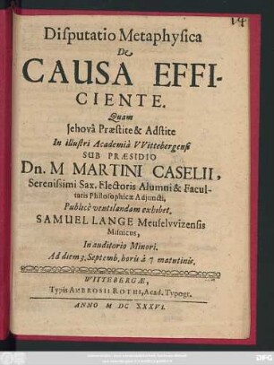 Disputatio Metaphysica De Causa Efficiente