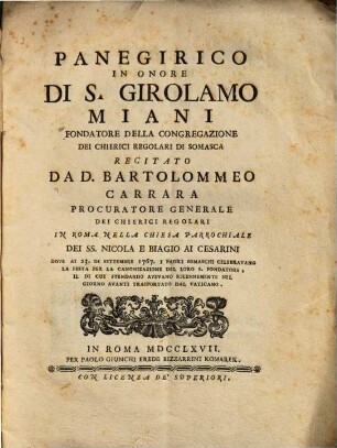 Panegirico in onore di S. Girolamo Miani fondatore della Congregazione dei Chierici Regolare di Somasca