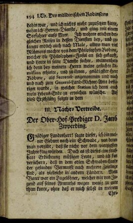 III. Nacht-Vertriebe. Der Ober-Hof-Prediger D. Jacob Zipperding.