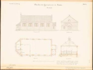 Gymnasium, Hannover-Linden: Turnhalle: Längenansicht, Giebelansicht, Grundriss, Querschnitt