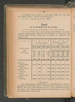 Tarif für die Schiffahrt auf der Ilmenau.