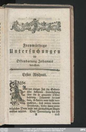 Freymüthige Untersuchungen die Offenbarung Johannis betreffend.
