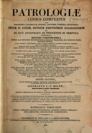P. Lombardi magistri sententiarum, Parisiensis episcopi opera omnia : accedunt Magistri Bandini ... sententiarum libri quatuor, 2