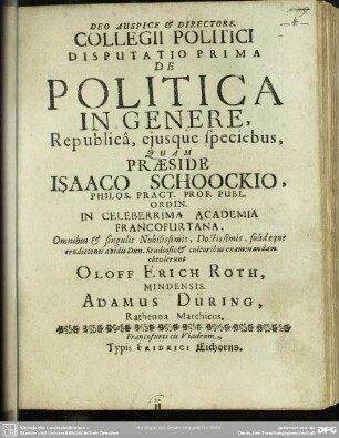 1: Disputatio ... de politica in genere
