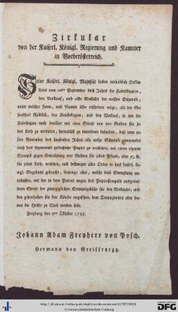 Zirkular von der Kaiserl. Königl. Regierung und Kammer in Vorderösterreich.