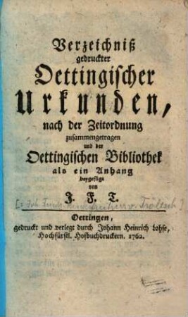Verzeichniß gedruckter Oettingischer Urkunden