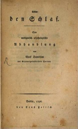 Ueber den Schlaf : Eine medizinisch-psychologische Abhandlung
