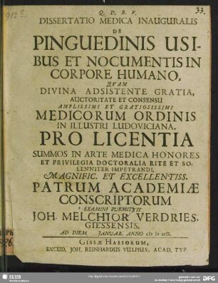 Dissertatio Medica Inauguralis De Pinguedinis Usibus Et Nocumentis In Corpore Humano