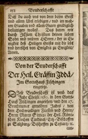 Von der Bruderschafft Der Heil. Gräffin Iddä/ Im Gosttshauß Fischingen eingesetzt. - Kurtzer Innhalt/ Der Statuten dieser Bruderschafft.