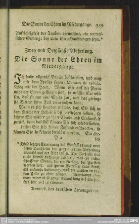 Zwey und dreyßigste Abtheilung. Die Sonne der Ehren im Niedergange