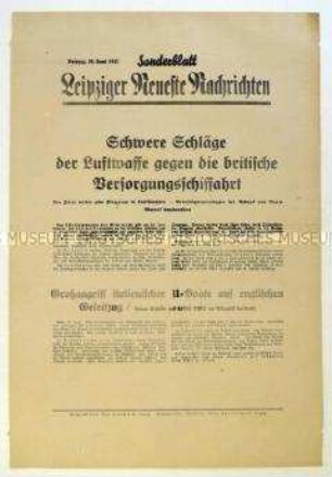Sonderblatt der "Leipziger Neuesten Nachrichten" zu deutschen Luftangriffen auf die britische Versorgungsschiffahrt