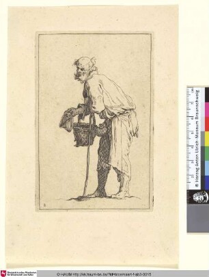 [An old Beggar; Auf eine Krücke gestützer, bettelnder alter Mann]