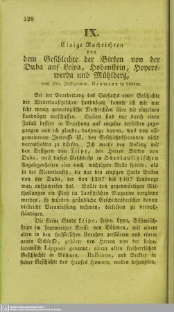 Einige Nachrichten von dem Geschlechte der Birken von der Duba auf Leipa, Hohenstein, Hoyerswerda und Mühlberg