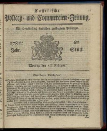 1781tes Jahr. 6tes Stück. Montag den 5ten Februar