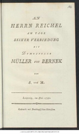 An Herrn Reichel Am Tage Seiner Verbindung Mit Demoiselle Müller von Bernek