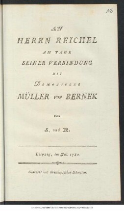 An Herrn Reichel Am Tage Seiner Verbindung Mit Demoiselle Müller von Bernek
