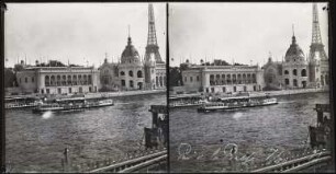 Paris. Weltausstellung 1900. Blick vom Quai de Billy auf den Pavillon von Mexiko, das Palais des Armées de Terre et Mer und den Eiffelturm