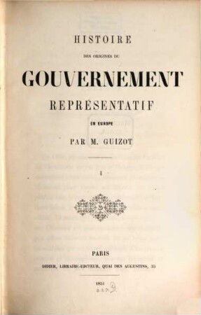 Histoire des origines du gouvernement représentatif en Europe, 1