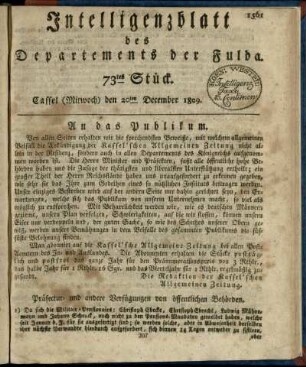 73tes Stueck, (Mitwoch) den 20ten December 1809