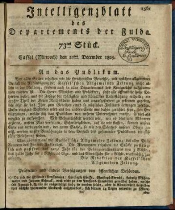 73tes Stueck, (Mitwoch) den 20ten December 1809