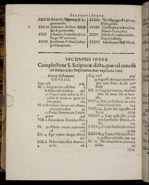 Secundus Index. Complectitur S. Scripturæ dicta, quæ vel concise vel fusius in his Disputationibus explicata sunt.