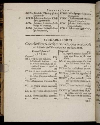 Secundus Index. Complectitur S. Scripturæ dicta, quæ vel concise vel fusius in his Disputationibus explicata sunt.