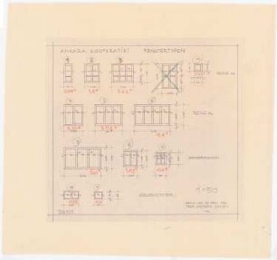Gesamtbebauungsplan Ankara Ankara Kooperatifi. Haustypen: (Lichtpause von Inv.Nr. 23310): generelle Werkplanung, Fenstertypen, Aufriss 1:50