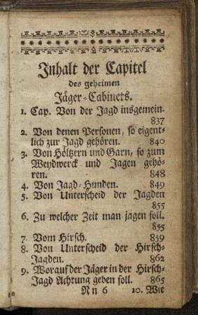 Inhalt der Capitel des geheimen Jäger-Cabinets