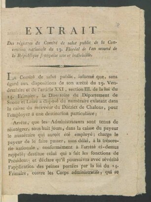 Extrait Des régistres du Comité de salut public de la Convention nationale du 19. Floréal de l'an second de la République française une et indivisible