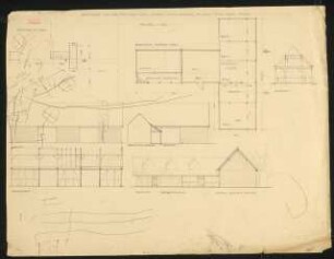 Bauaufnahme und Erweiterungsbau einer Scheune am Stall angebaut, Kolberg: Lageplan M 1:500, Ansichten, Längsschnitt und Querschnitt, Grundriss alle in M 1:100