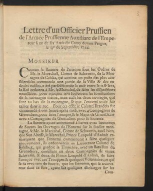 Lettre d'un Officier Prussien de l'Armée Prussienne Auxiliare de l'Empereur, `a un de ses Amis, du Camp devant Prague, le 13e de Septembre 1744