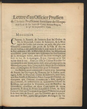 Lettre d'un Officier Prussien de l'Armée Prussienne Auxiliare de l'Empereur, `a un de ses Amis, du Camp devant Prague, le 13e de Septembre 1744