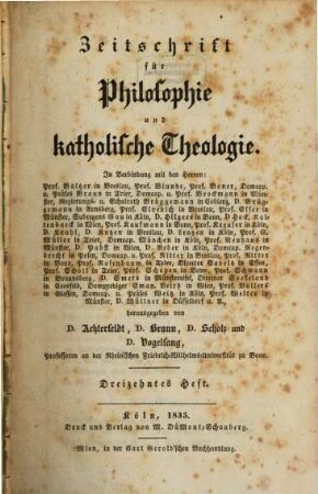 Zeitschrift für Philosophie und katholische Theologie. 13/14. 1835