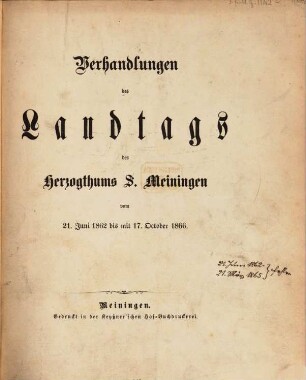 Verhandlungen des Landtags von Sachsen-Meiningen. Verhandlungen, 1862/66, 21. Juni - 17. Okt.