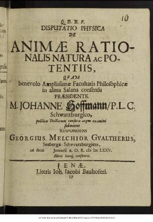 Disputatio Physica De Animae Rationalis Natura Ac Potentiis