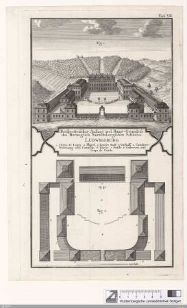 Perspectivischer Aufzug und Haupt=Grundriß des Herzoglich Würtembergischen Schloßes Ludwigsburg