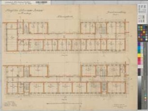 Arnsberg (Arnsberg) Lehrerinnenseminar - Inventarienzeichnung Klassengebäude: Grundrisse Erdgeschoß und 1. Obergeschoß 1910 1 : 100 64 x 81 farb. Druck Landsberg Staatshochbauamt Arnsberg